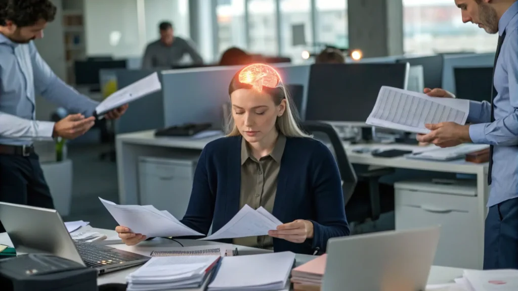 Illustration of survival instincts and self-regulation strategies used to navigate conflicts in a modern office environment