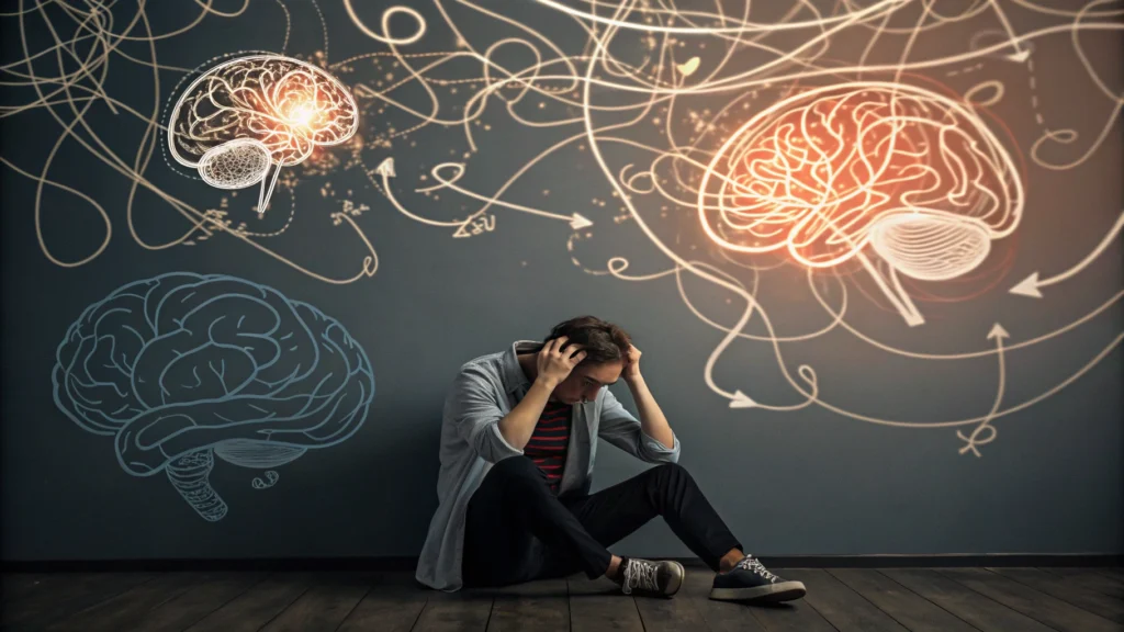 Illustration of a person mentally drained and overwhelmed by complex debates, representing cognitive fatigue and energy depletion